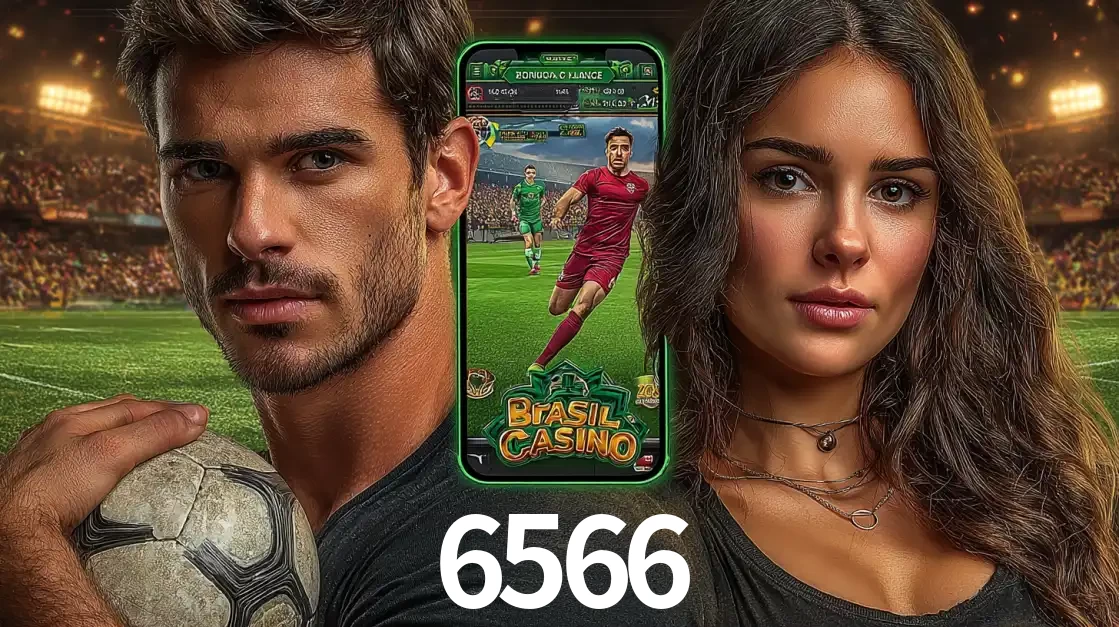 Homem segurando uma bola de futebol e uma mulher ao lado de um smartphone exibindo o jogo de apostas esportivas da 6566. Faça seu palpite no cassino online.